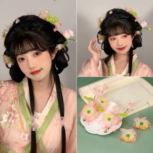 夏季仙美荷花汉服头饰古风发饰中国风真丝烫花唐风发夹侧边超仙气