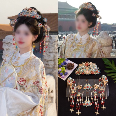 新娘婚嫁明制贵女宫廷拍照秀禾服服烧蓝凤冠头饰奢华精致发冠中式