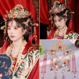 原创汉服婚嫁发饰古风中式婚礼凤冠发簪全套古风唐风红色合金发冠