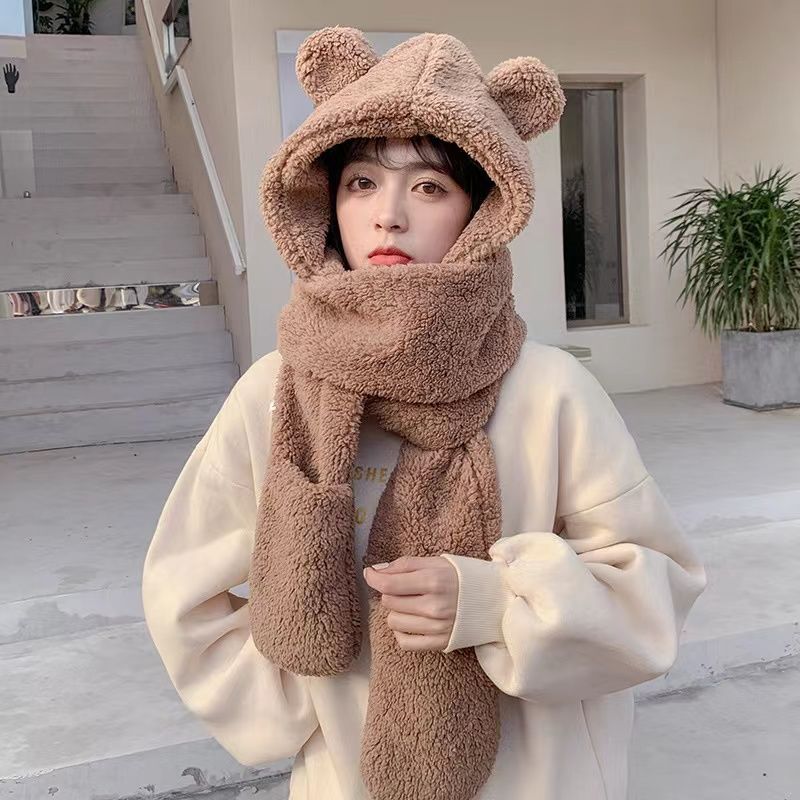 凤凰可爱小熊帽子围巾一体女新款网红冬天百搭围脖冬季保暖毛绒帽