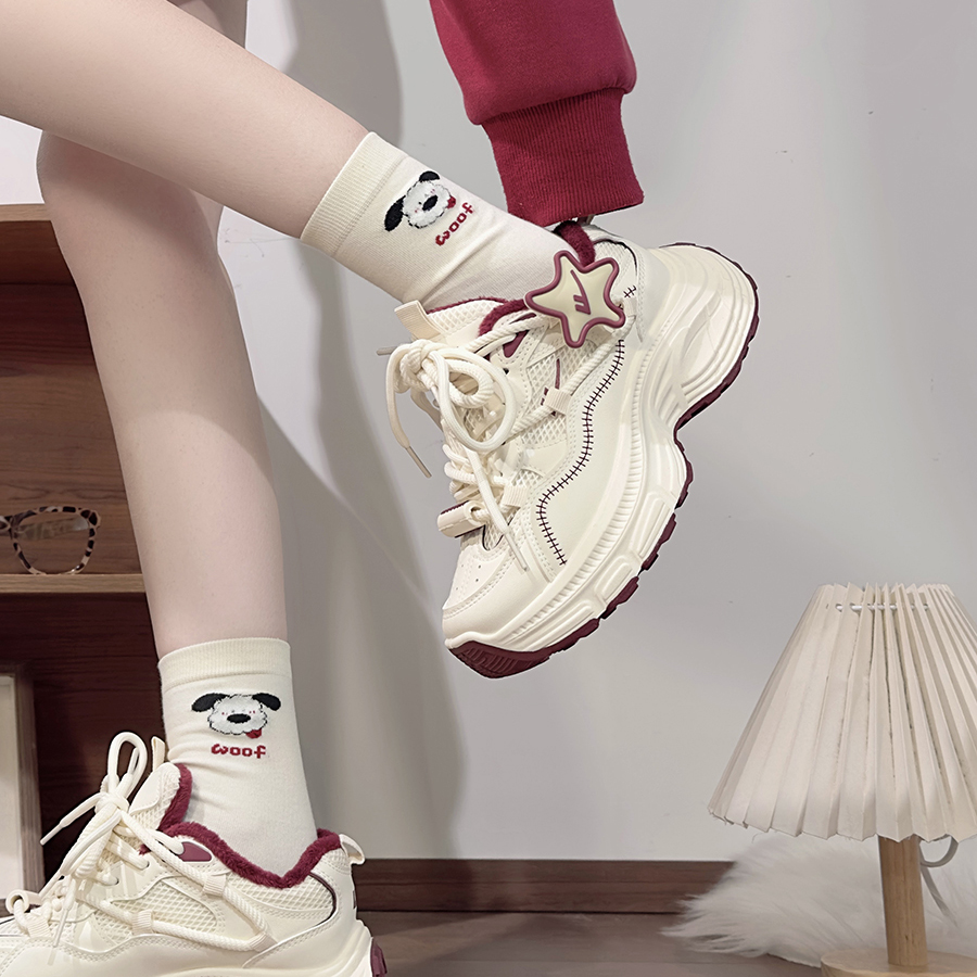 回力加绒酒红女鞋星星厚底老爹鞋女冬季保暖百搭运动二棉休闲鞋女