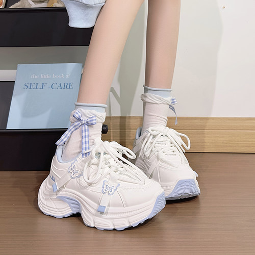 回力白蓝蝴蝶皮面老爹鞋女2025爆款百搭休闲学生鞋子厚底运动鞋女