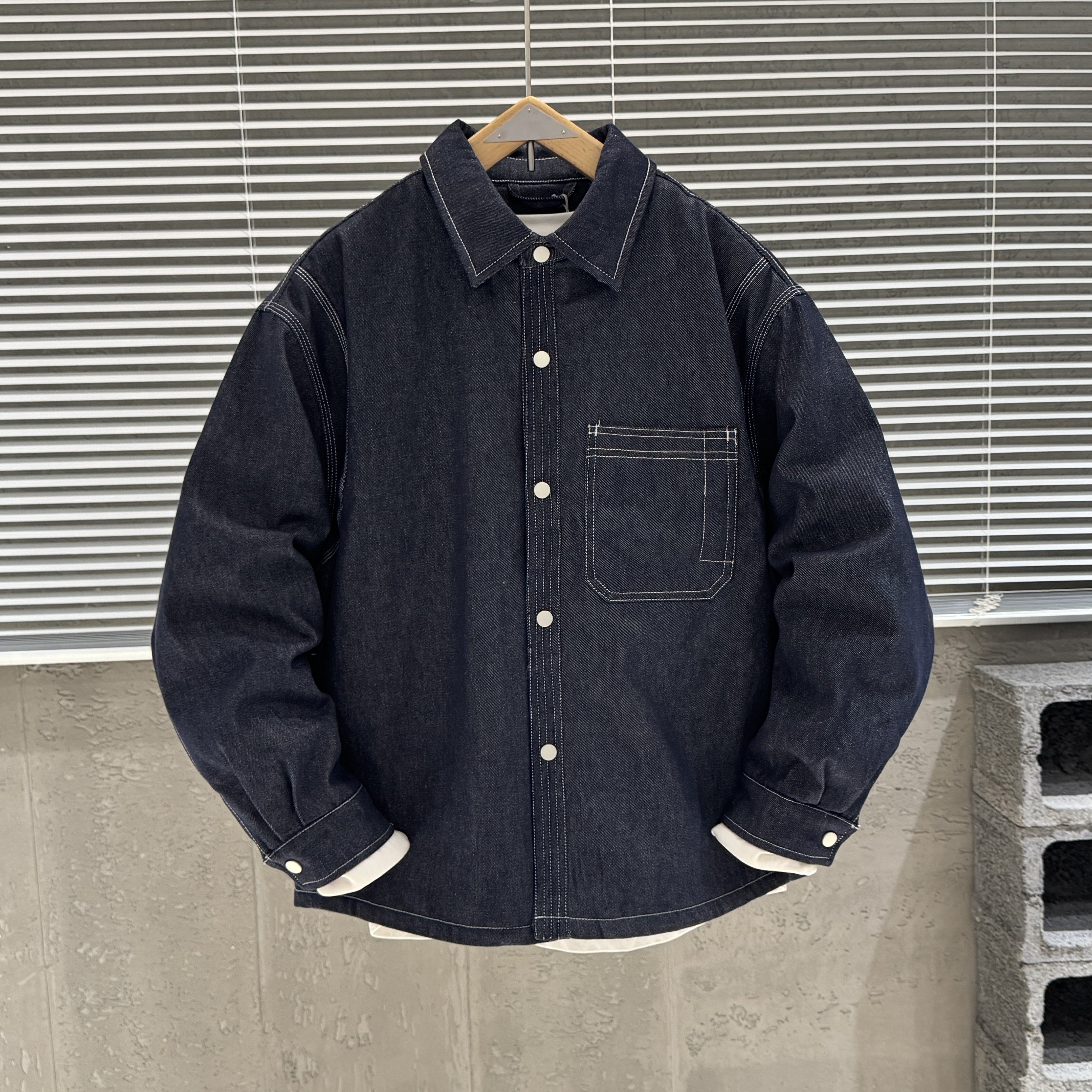 【香港·尊荣定制】秋冬翻领牛仔棉衣外套男潮流美式水洗夹棉衬衣