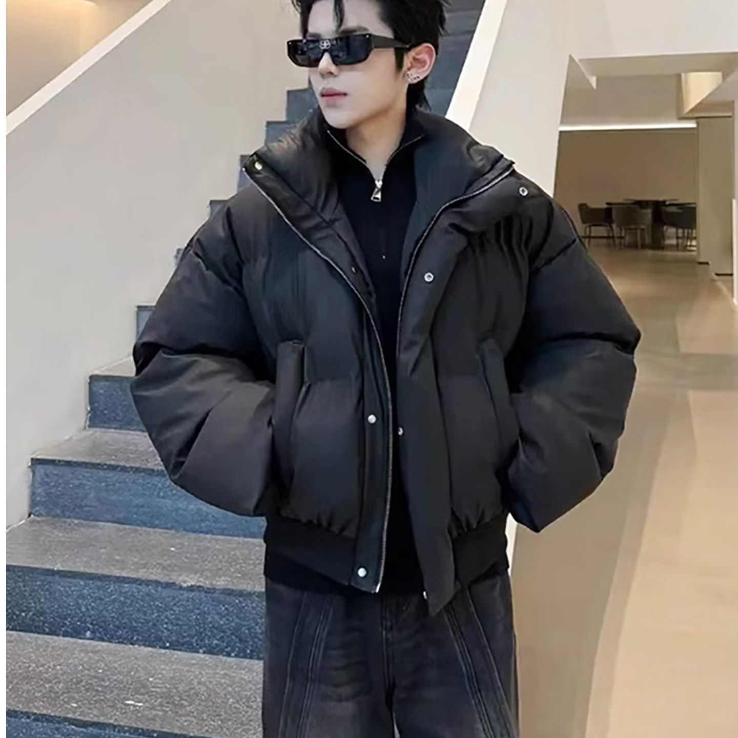 酒红色羽绒服冬季美式立领棉衣