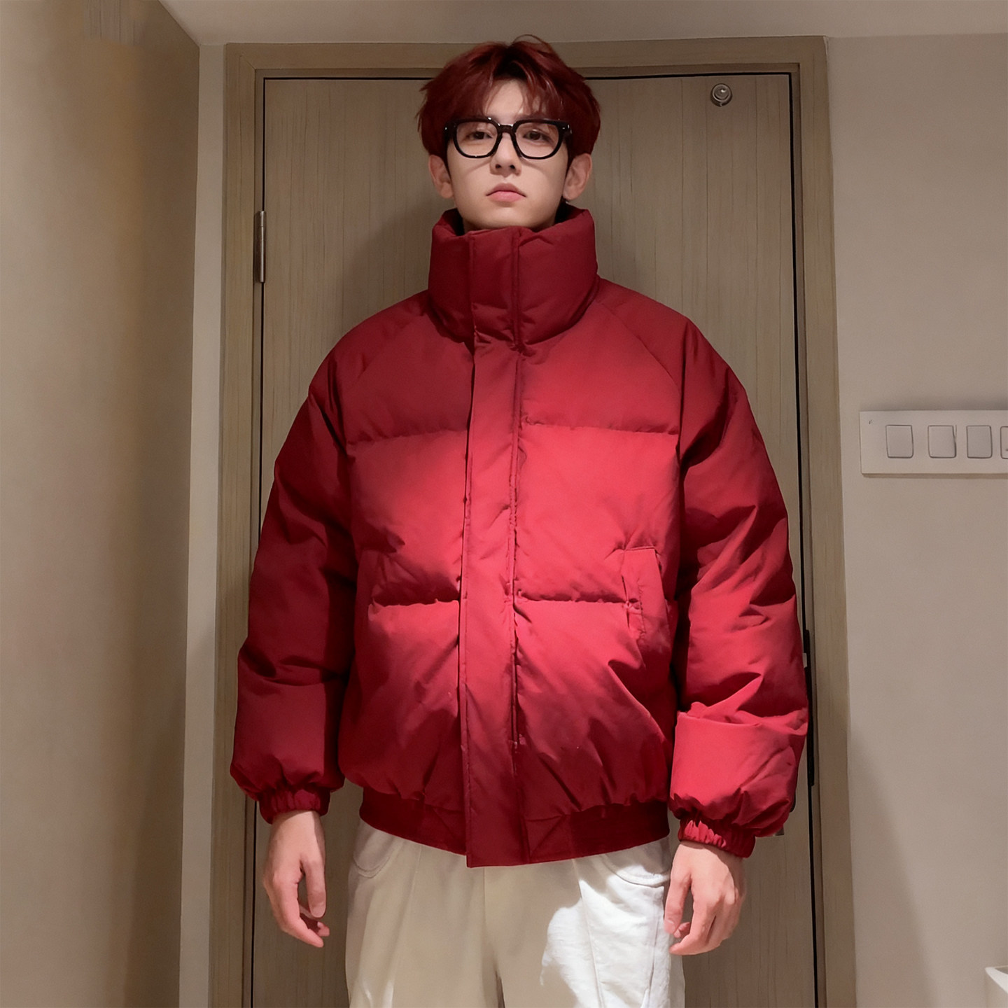 【香港·尊荣定制】酒红色美式短款羽绒服男款冬季高级感立领棉服