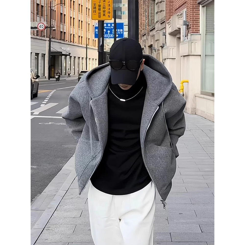 【香港奢品高定】美式复古连帽毛呢外套男秋冬款重磅硬挺开衫卫衣