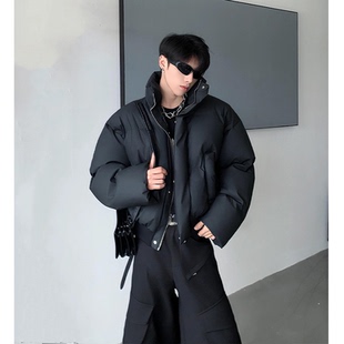 【香港·尊荣定制】黑色廓形冬季短款羽绒服男款PU皮面包服棉衣