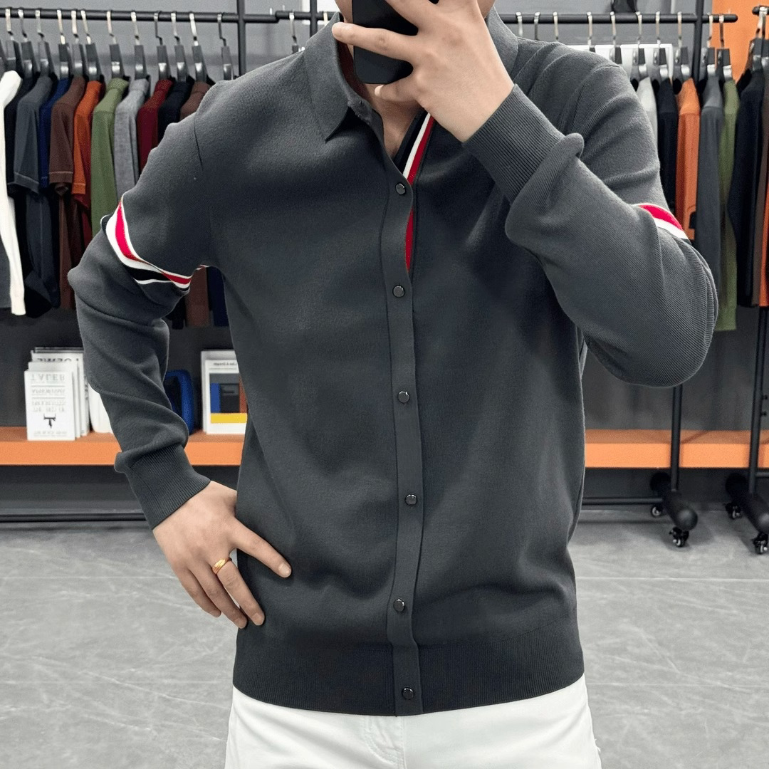 高端拼接条纹翻领针织开衫男