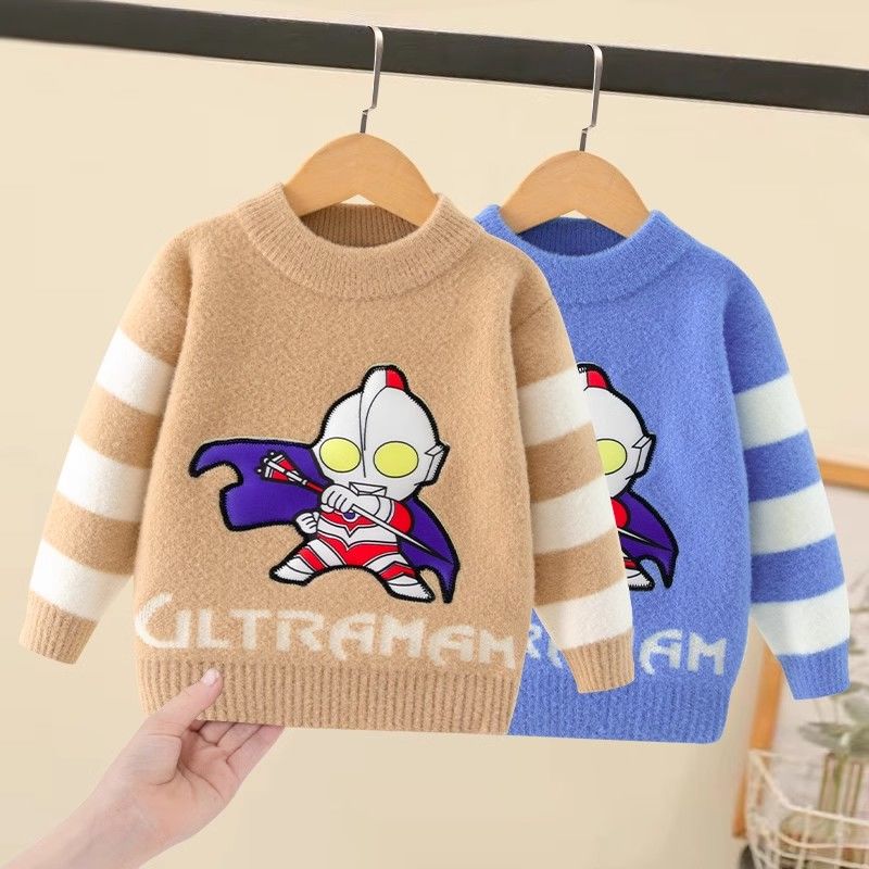 男童针织衫秋冬款宝宝加绒加厚保暖毛衣儿童卡通套头上衣圆领线衣