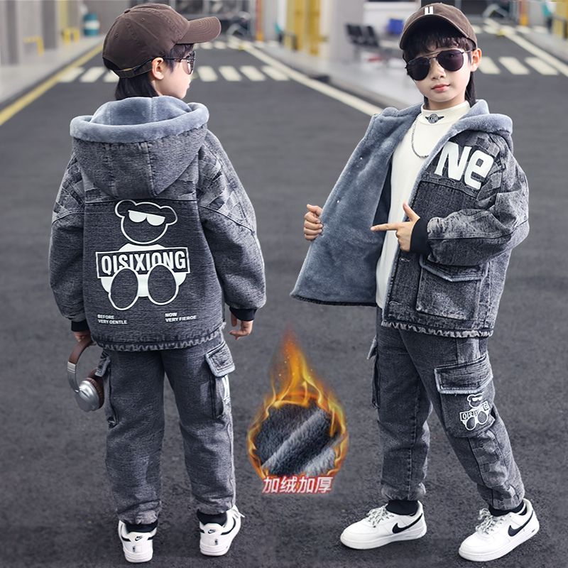 男童冬装加绒加厚套装2025新款8冬季9儿童洋气连帽牛仔衣服12岁潮