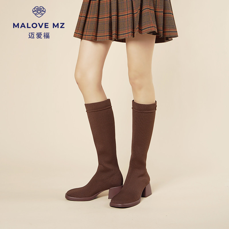瘦瘦靴弹力靴方头粗跟MALOVEMZ