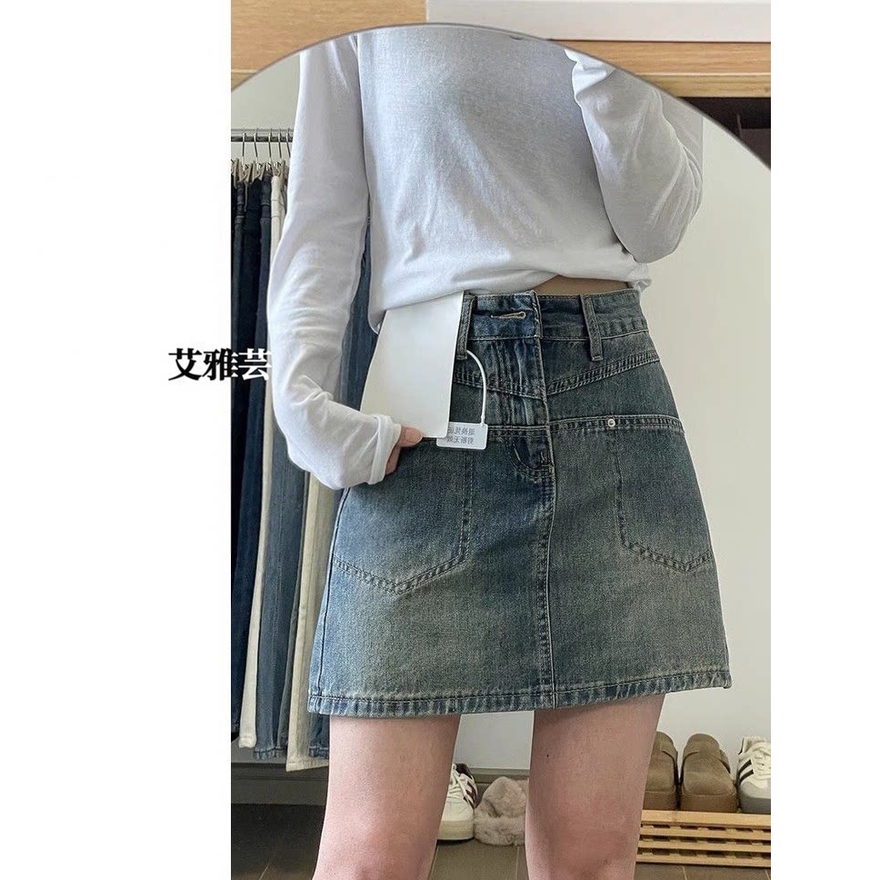 复古蓝高腰A字牛仔短裙显瘦
