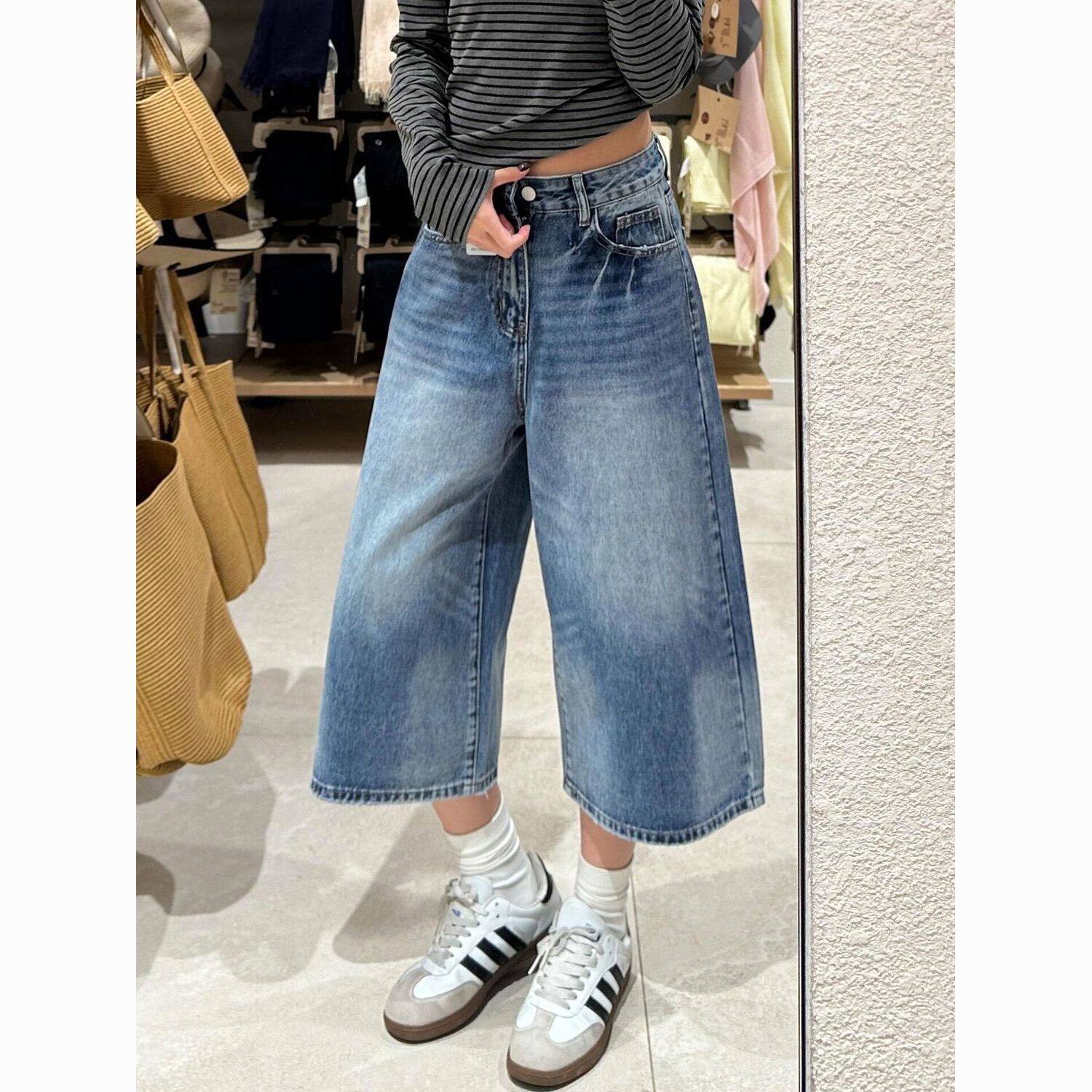 夏季显瘦高腰阔腿牛仔七分裤女