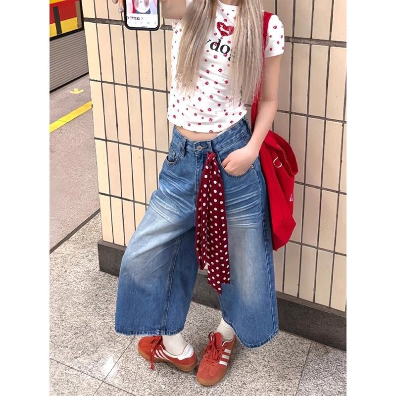 夏季高腰显瘦阔腿七分牛仔中裤女