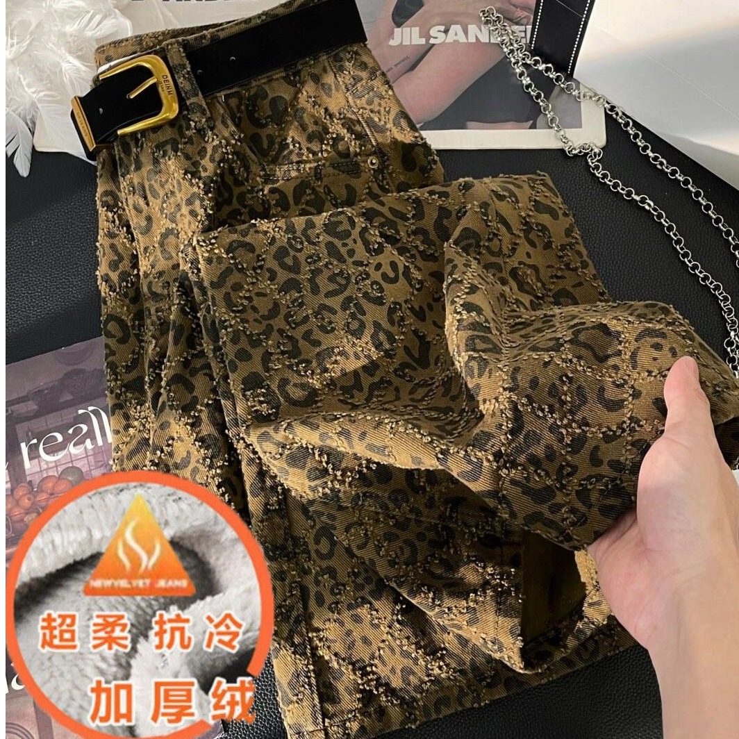 欧货豹纹格子牛仔裤女冬款加绒