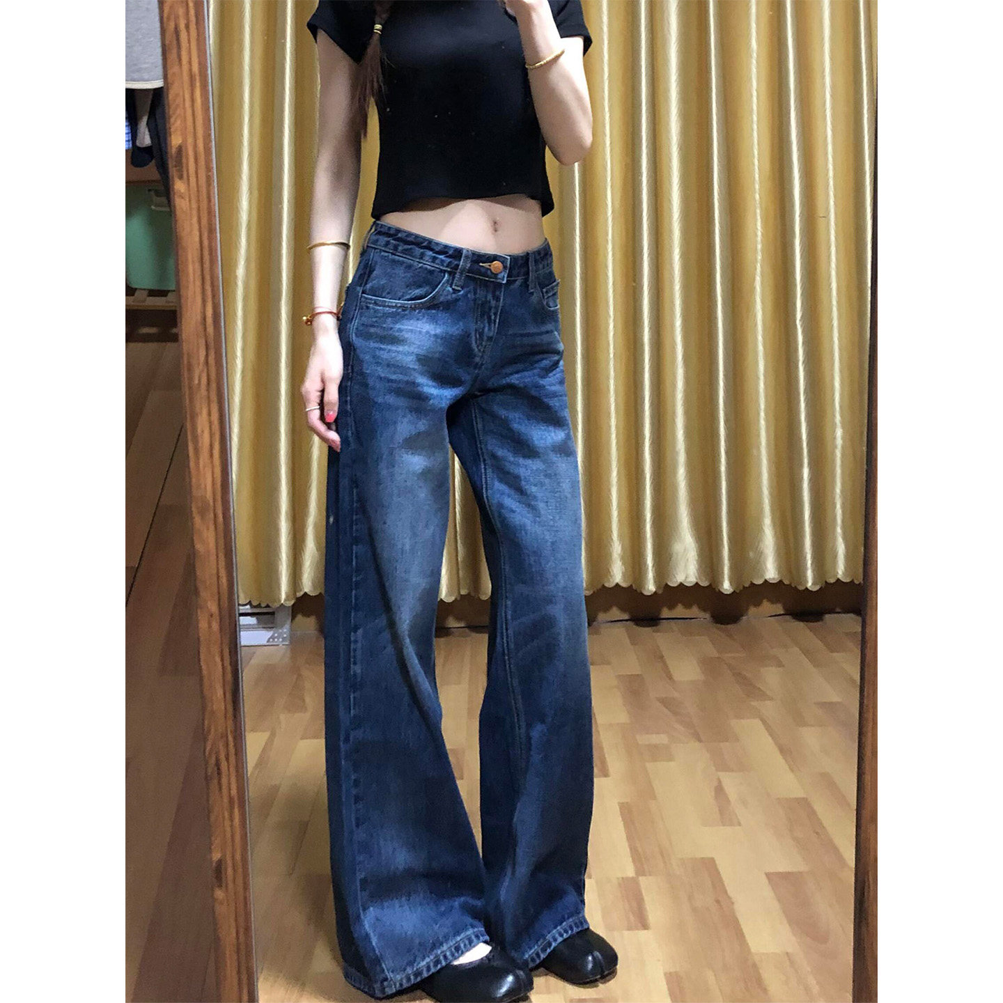 深蓝低腰直筒牛仔裤窄版阔腿裤