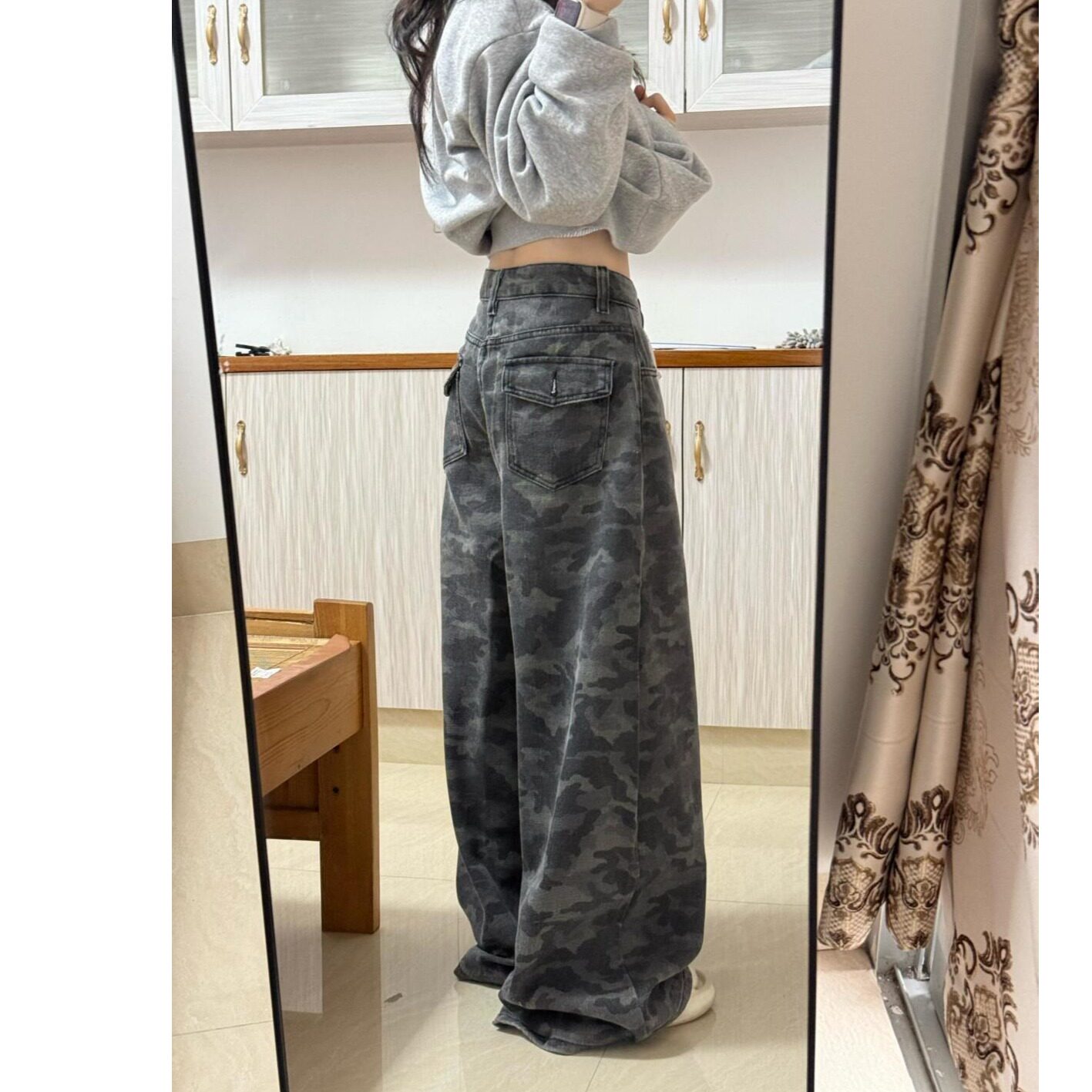 迷彩灰复古美式阔腿拖地牛仔裤