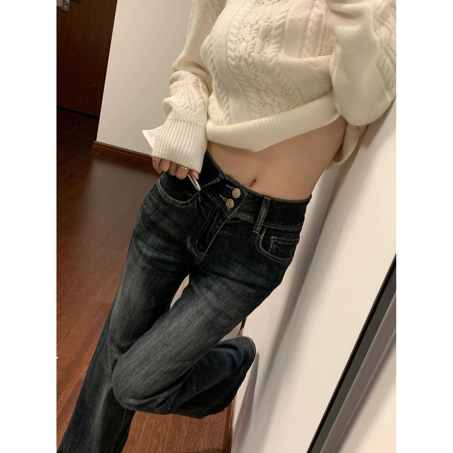 美式复古微喇牛仔裤女加绒喇叭裤