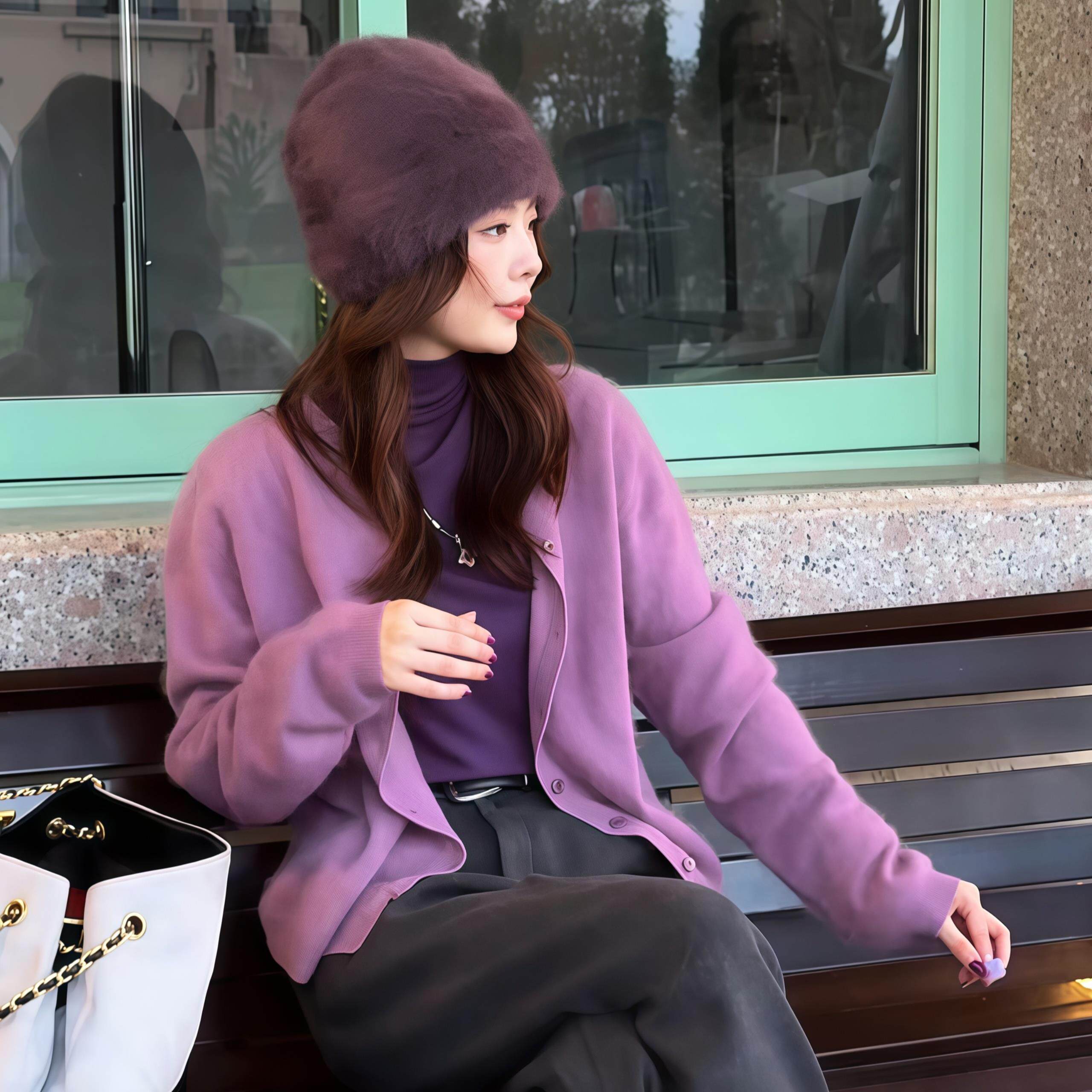 JOYIASS毛茸茸紫色针织开衫女2025新款秋季温柔气质软糯长袖毛衣