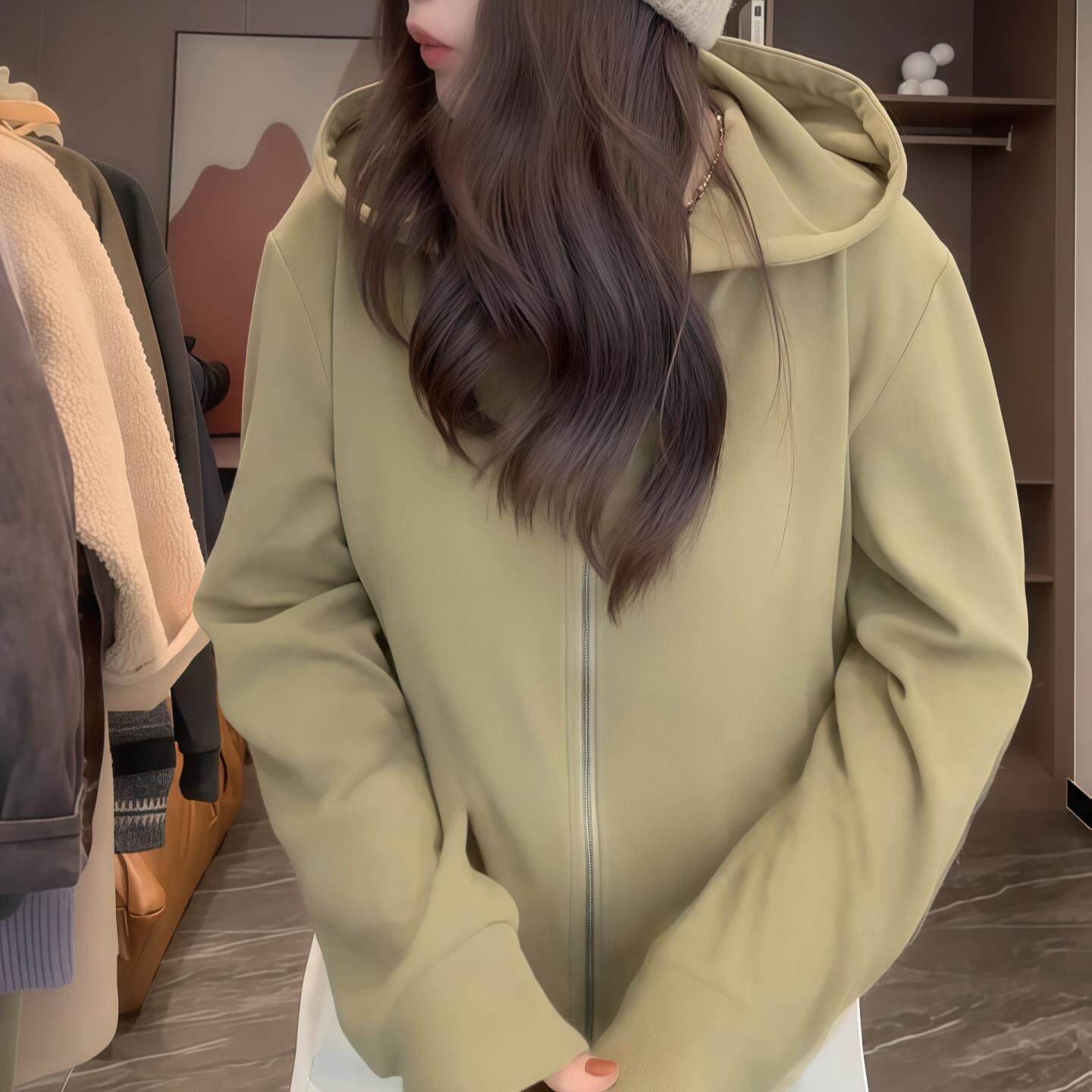 JOYIASS绿色连帽拉链卫衣外套女2025新款秋季宽松保暖正肩长袖开