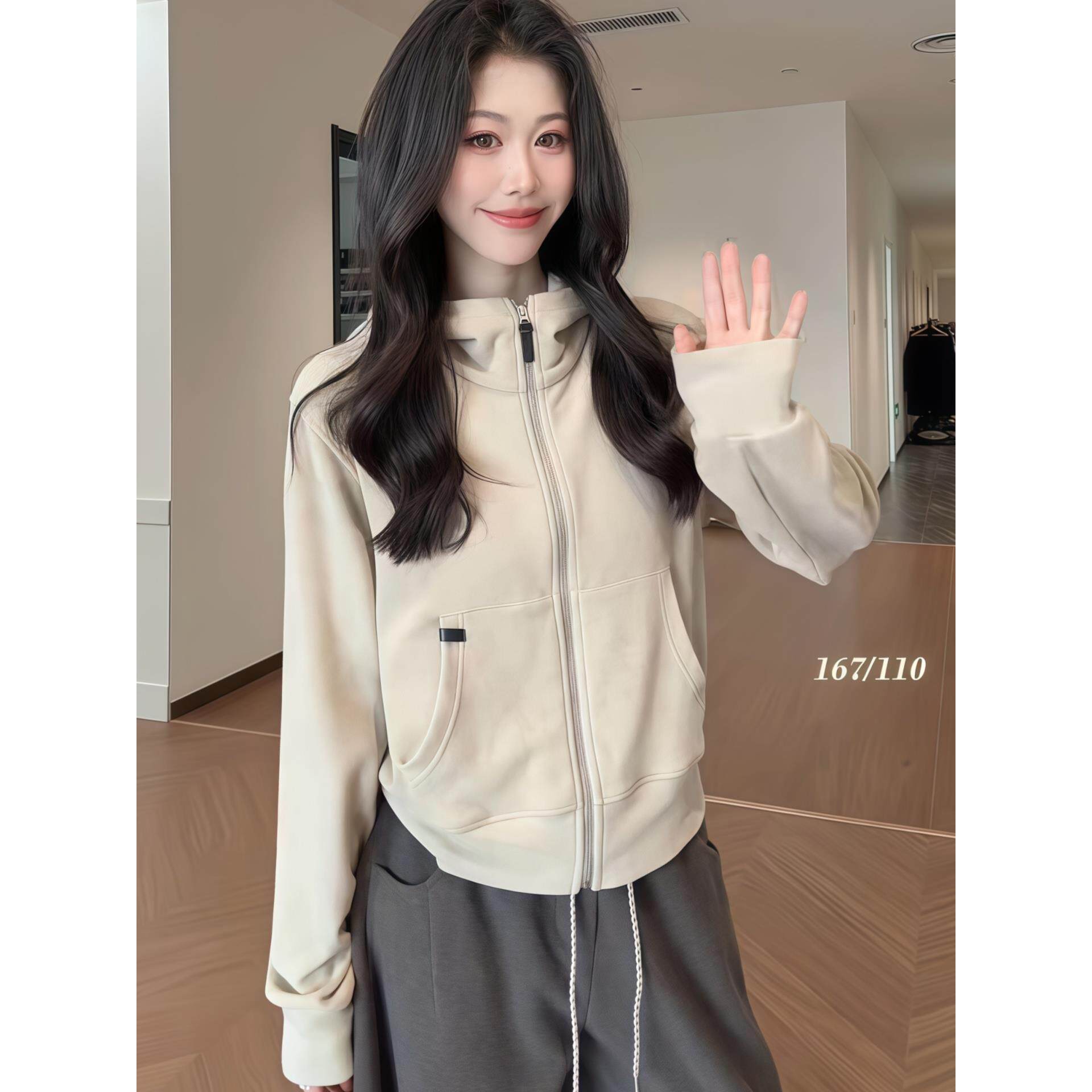 JOYIASS连帽正肩长袖卫衣外套女2025新款秋季外搭拉炼短开衫保暖