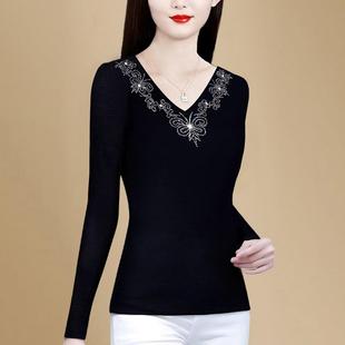 JOYIASS高端网纱打底衫女春秋义乌超好看单穿V领贵夫人洋气T恤长