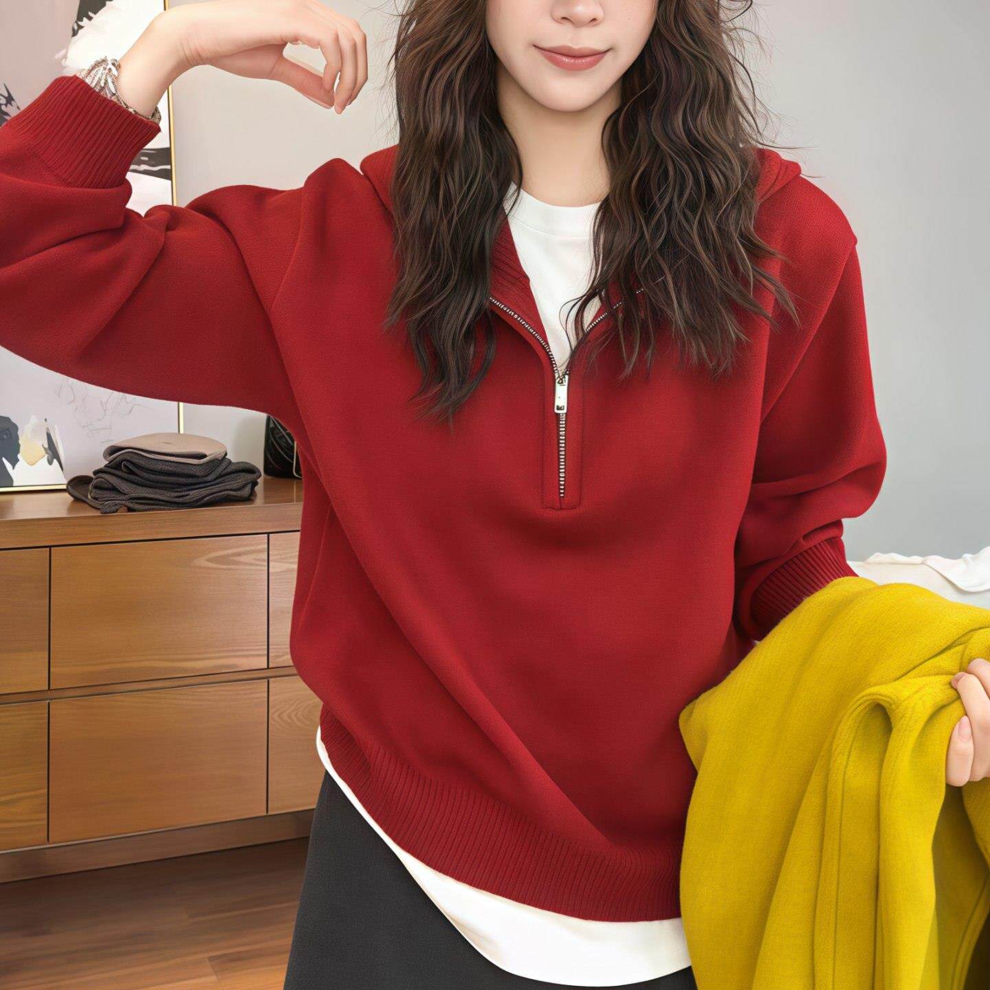 JOYIASS半拉链连帽套头针织毛衣女2025新款秋冬宽松时髦长袖帽衫