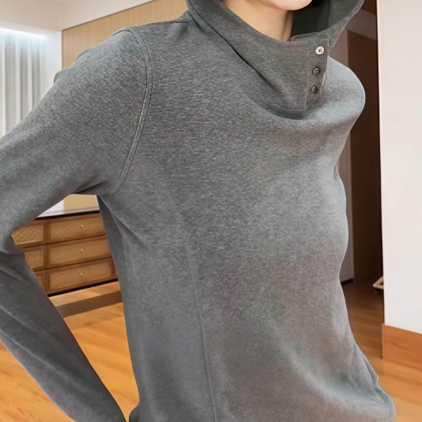 JOYIASS立领连帽长袖T恤女2025新款秋季正肩叠穿百搭帽衫灰色卫衣