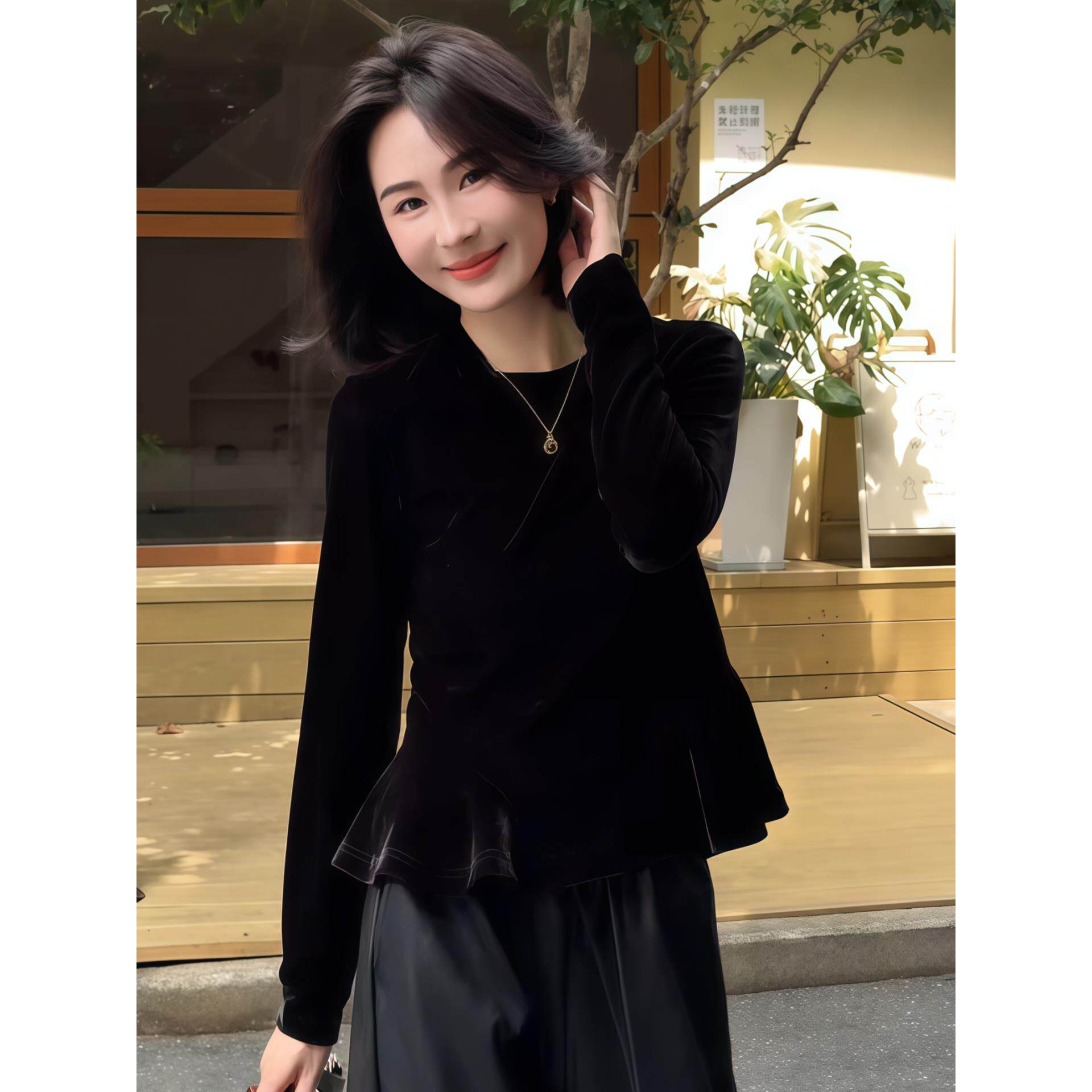 JOYIASS荷叶边丝绒长袖短T恤女2025新款秋季高级感气质圆领小衫法