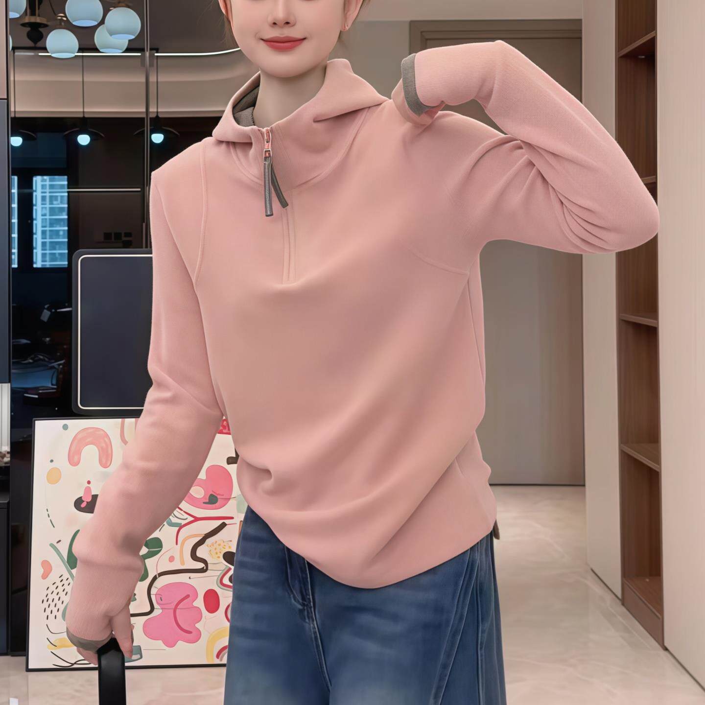 JOYIASS半拉链连帽撞色卫衣女2025新款秋季正肩长袖修身帽衫磨毛