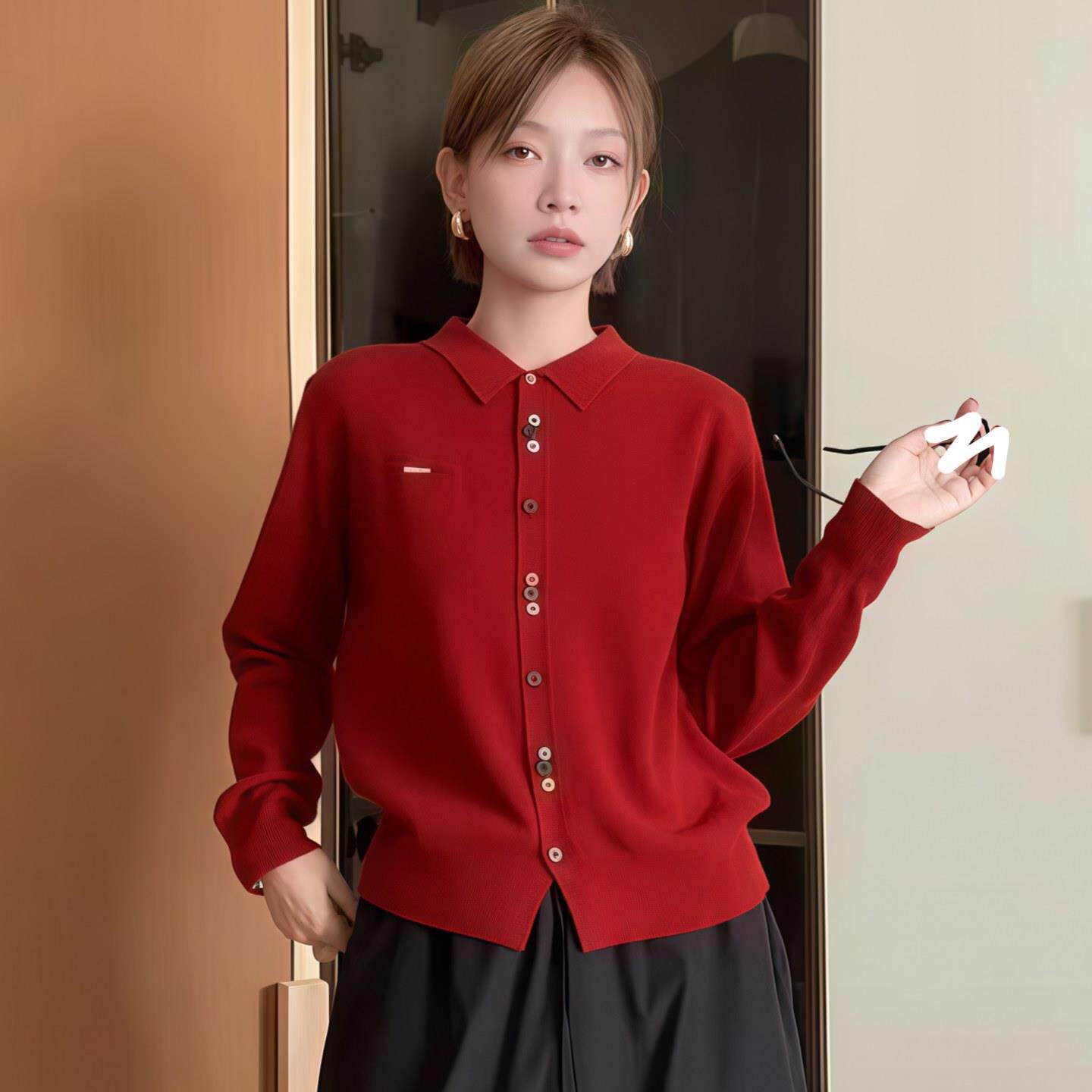 JOYIASS翻领彩扣针织开衫女2025新款秋冬季时髦长袖内搭毛衣洋气