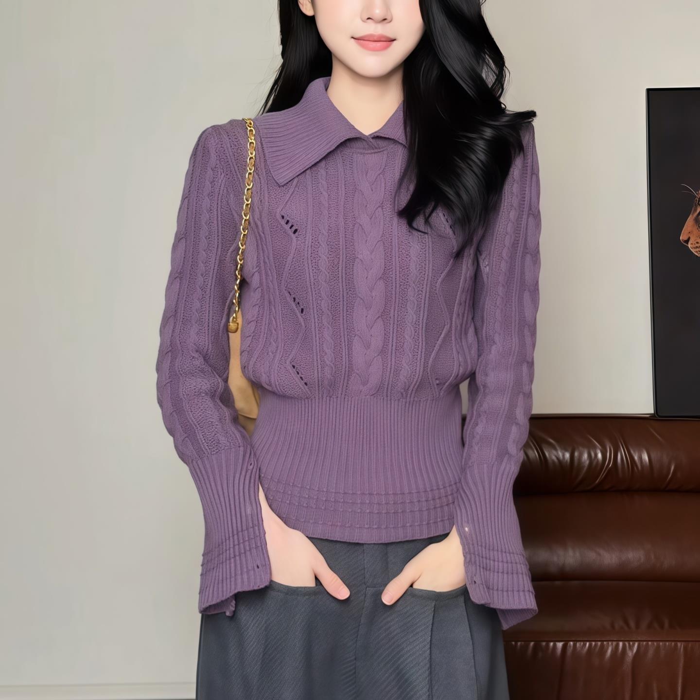 JOYIASS翻领喇叭袖绞花针织衫女2025新款秋季收腰显瘦短款毛衣超
