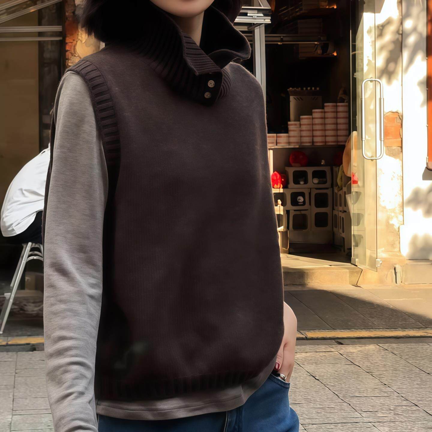 JOYIASS扣式高领无袖针织马甲女2025新款秋季叠穿宽松套头背心老