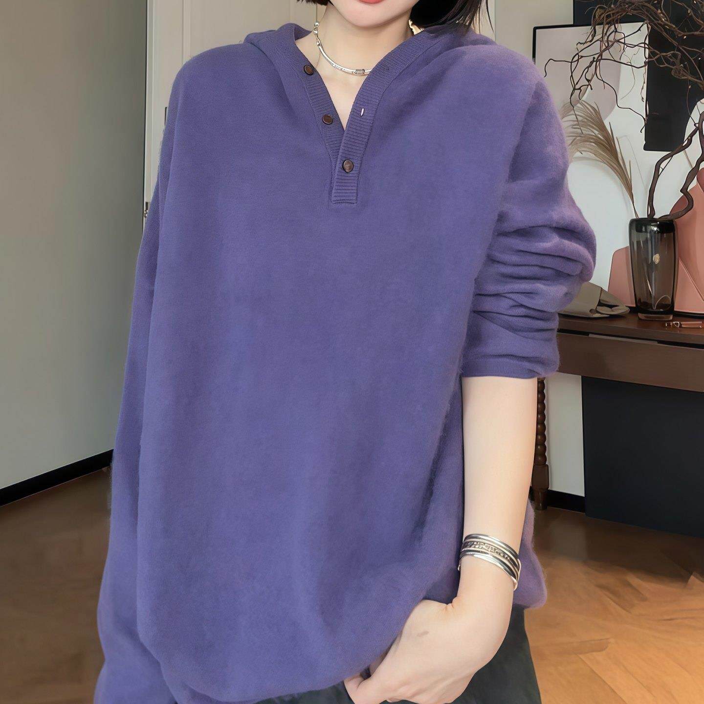 JOYIASS紫色连帽宽松针织毛衣女2025新款秋冬慵懒风长袖显白帽衫