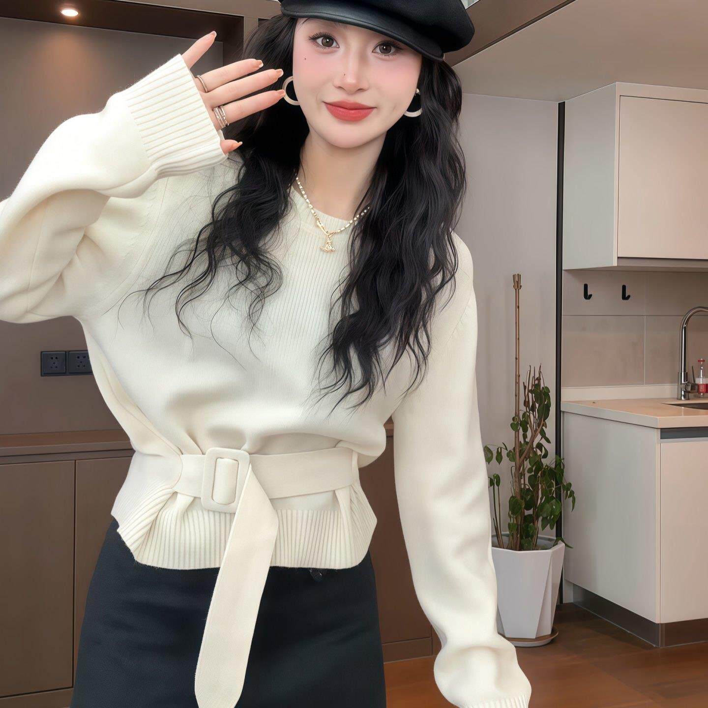 JOYIASS腰带收腰圆领针织衫女2025新款秋季插肩长袖短款毛衣温柔
