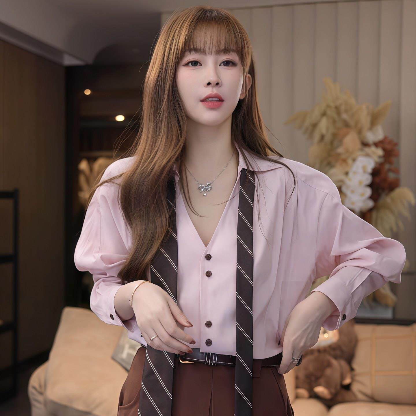 JOYIASS翻V领粉紫衬衫女2025新款秋季少女感减龄长袖单排扣衬衣通