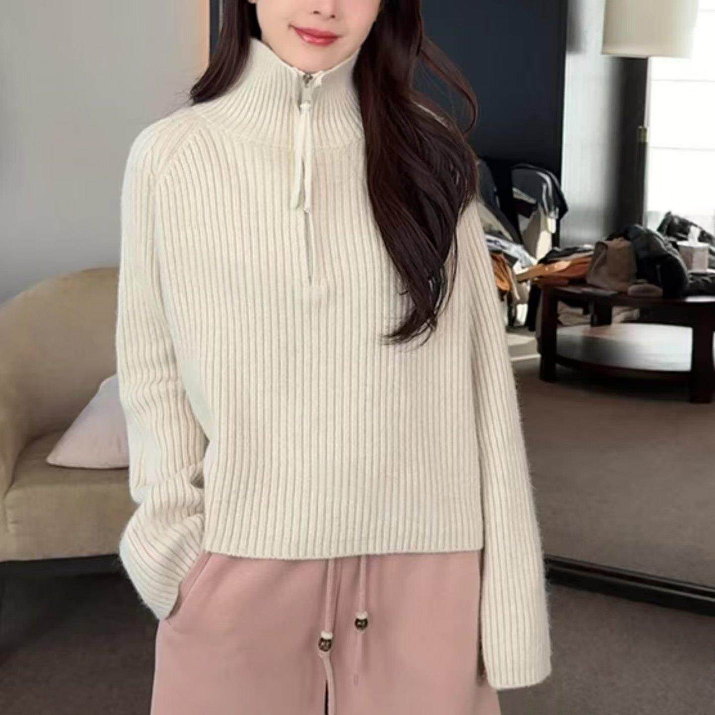 JOYIASS半拉链高领坑条针织衫女秋冬新款宽松软糯毛衣百搭插肩长