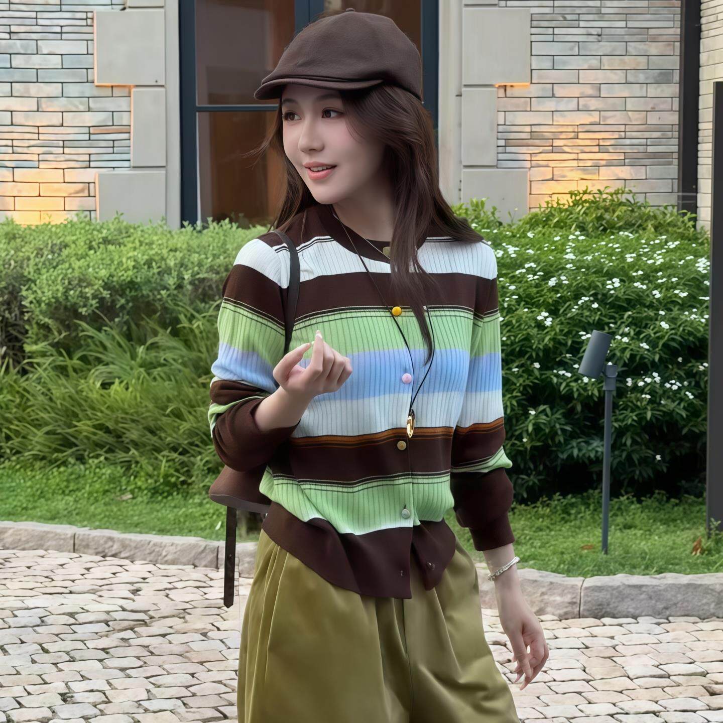 JOYIASS拼色条纹圆领彩扣针织衫女秋2025新款少女感减龄修身长袖
