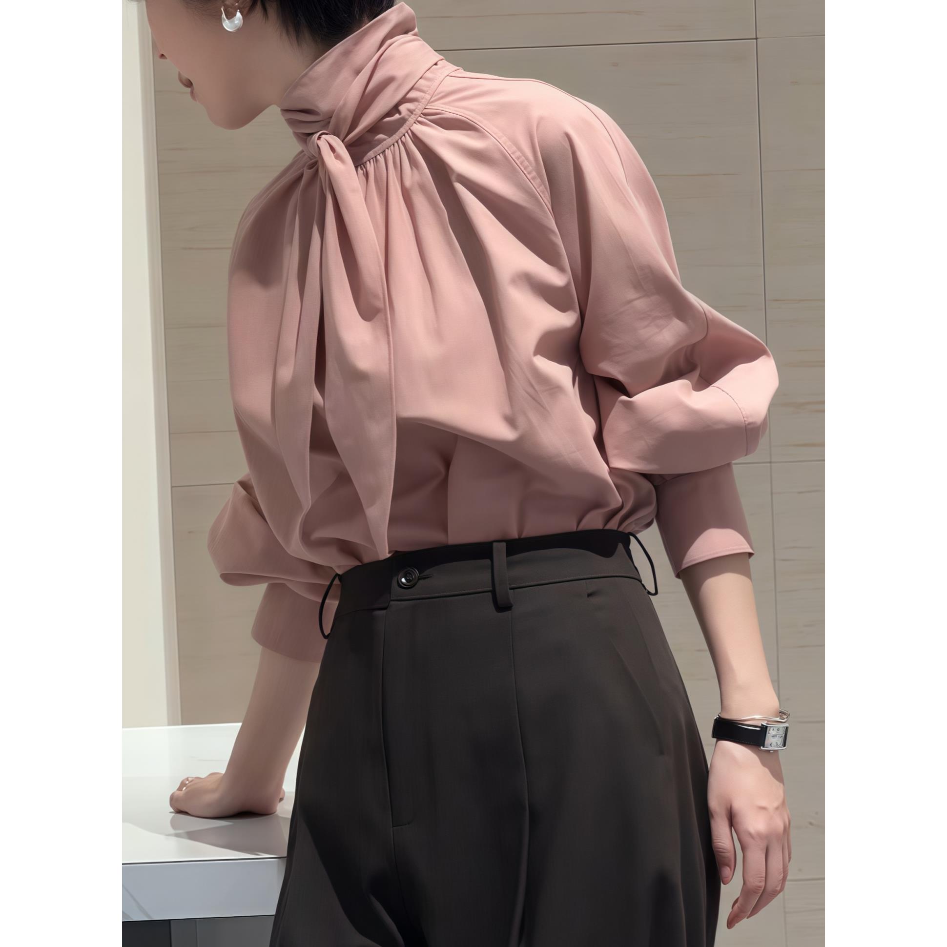 JOYIASS绑带高领法式衬衫女2025新款秋季高级感气质长袖飘带衬衣