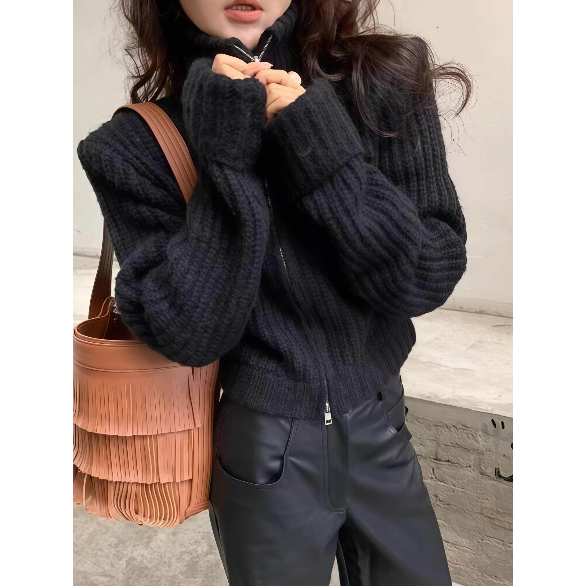 JOYIASS黑色立领拉炼粗线针织开衫女2025新款秋季高腰短款长袖毛