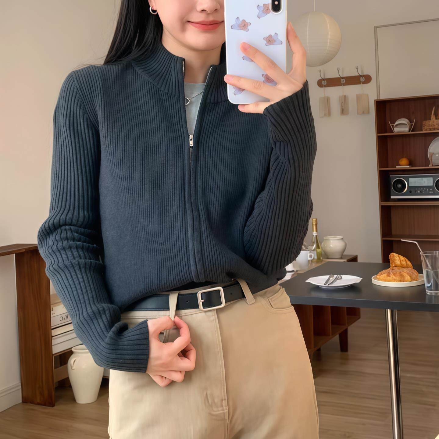 JOYIASS立领拉链针织衫女2025新款秋季坑条纹长袖内搭打底开衫纯