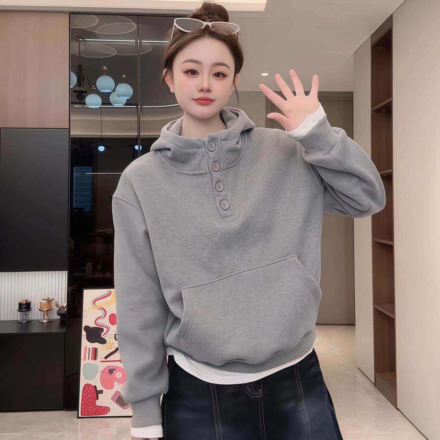 JOYIASS连帽半门襟纽扣卫衣女2025新款秋冬保暖宽松长袖帽衫短款