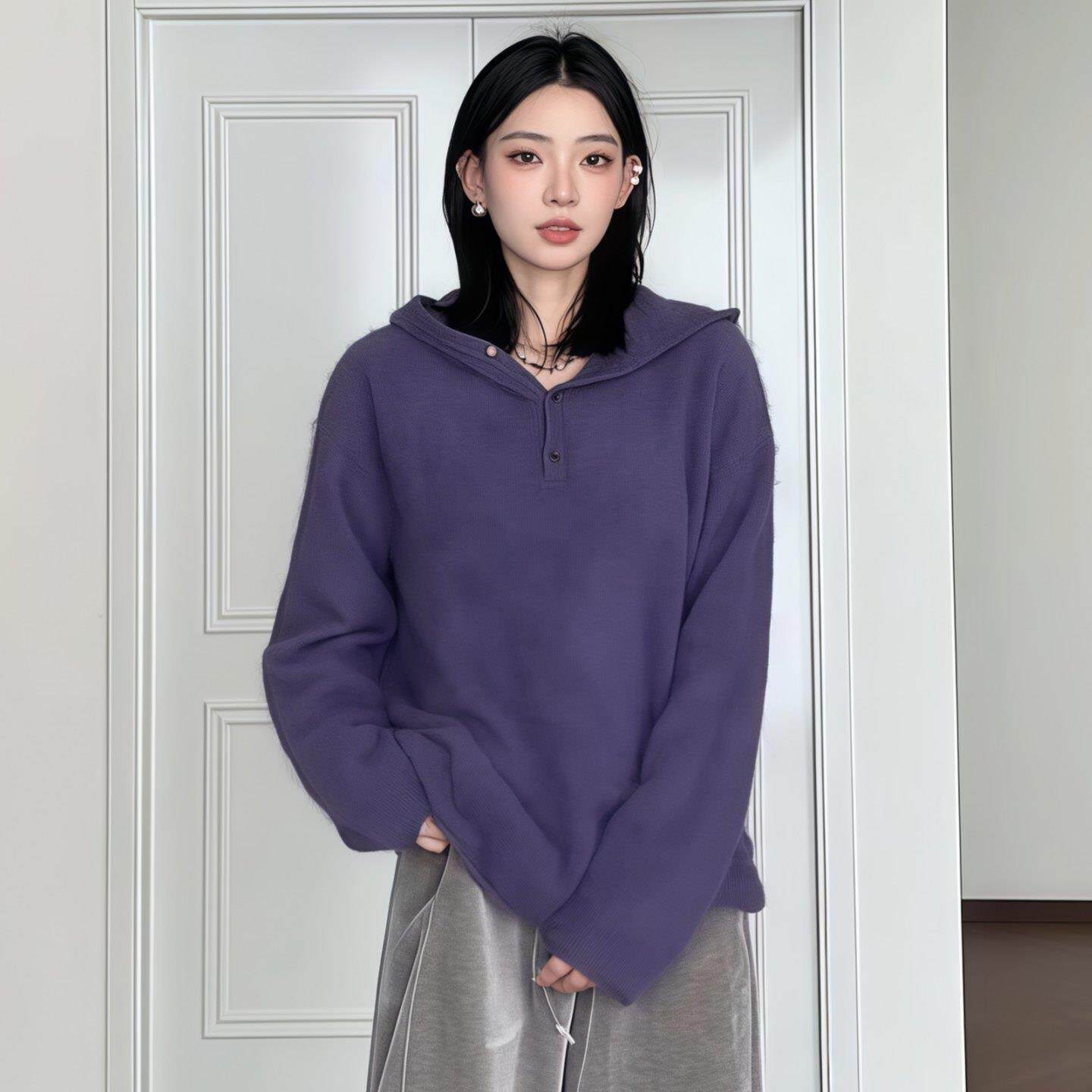 JOYIASS毛茸茸紫色连帽毛衣女秋冬2025新款慵懒宽松长袖针织帽衫