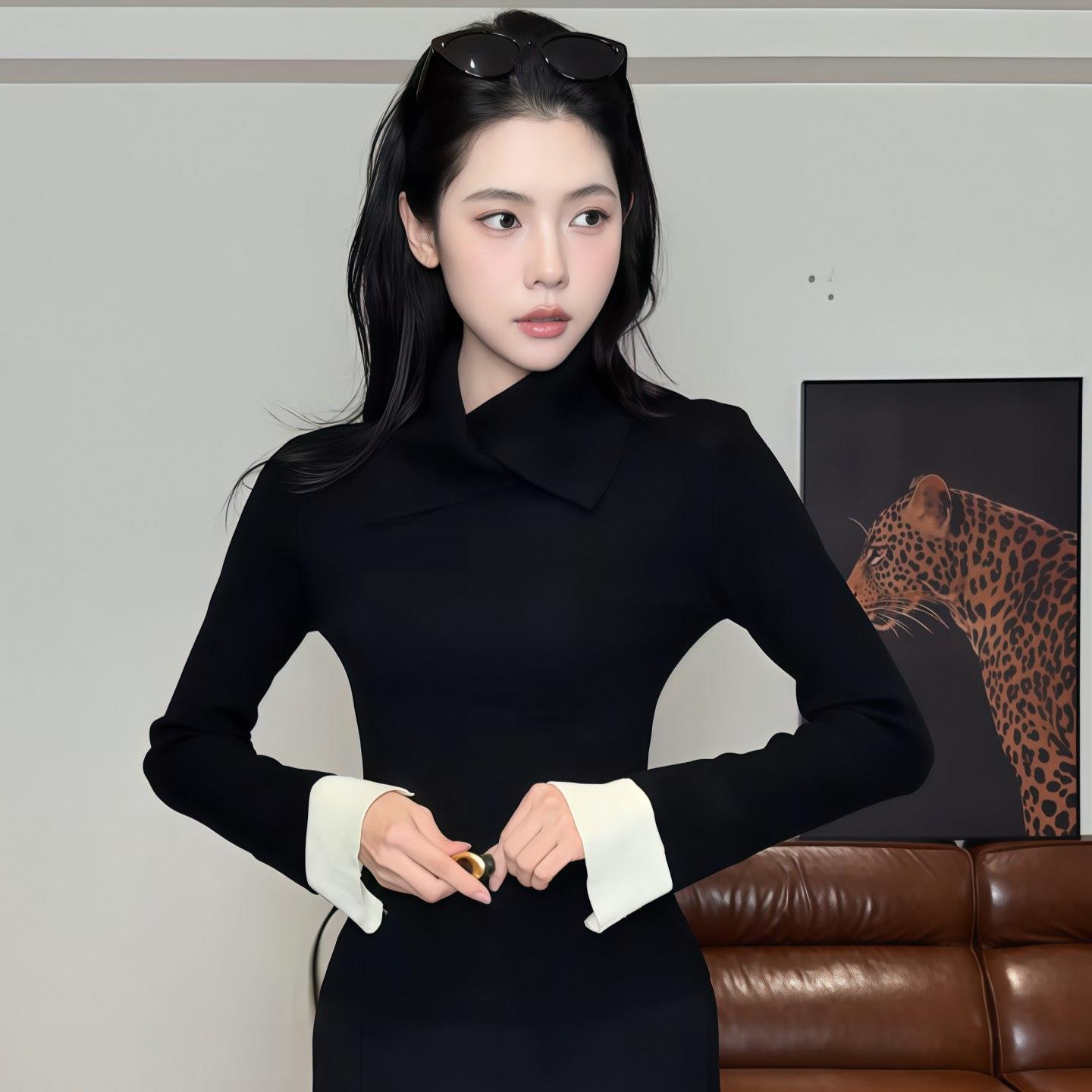 JOYIASS高级感翻领开叉袖口针织衫女2025新款秋季气质修身长袖打