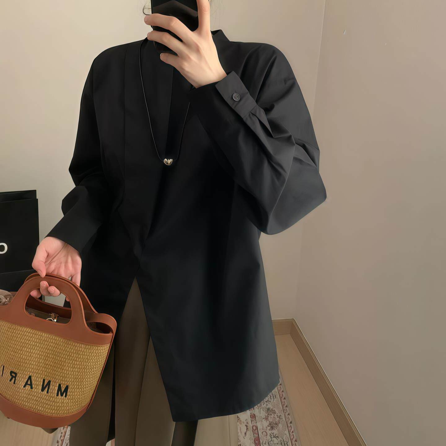 JOYIASS前开叉小立领衬衫女2025新款秋季压褶长袖后背拉链衬衣设
