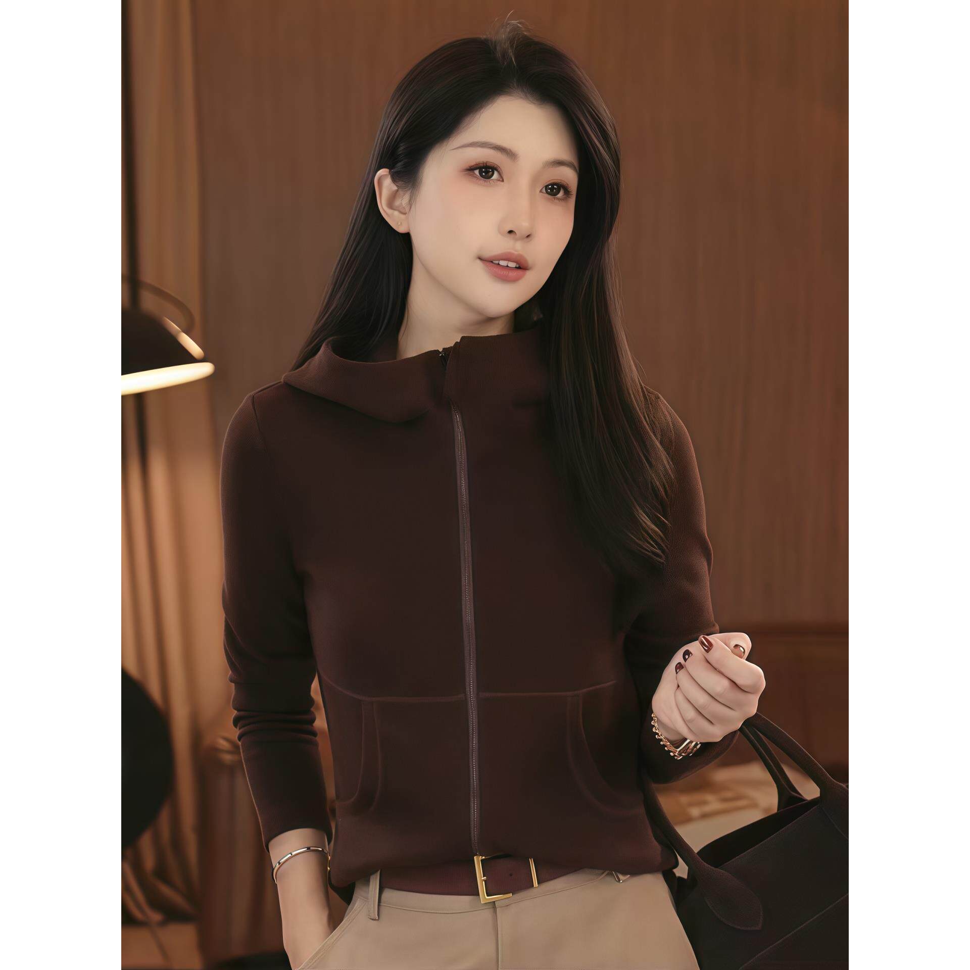 JOYIASS连帽长袖修身卫衣外套女2025新款运动休闲有口袋拉炼开衫