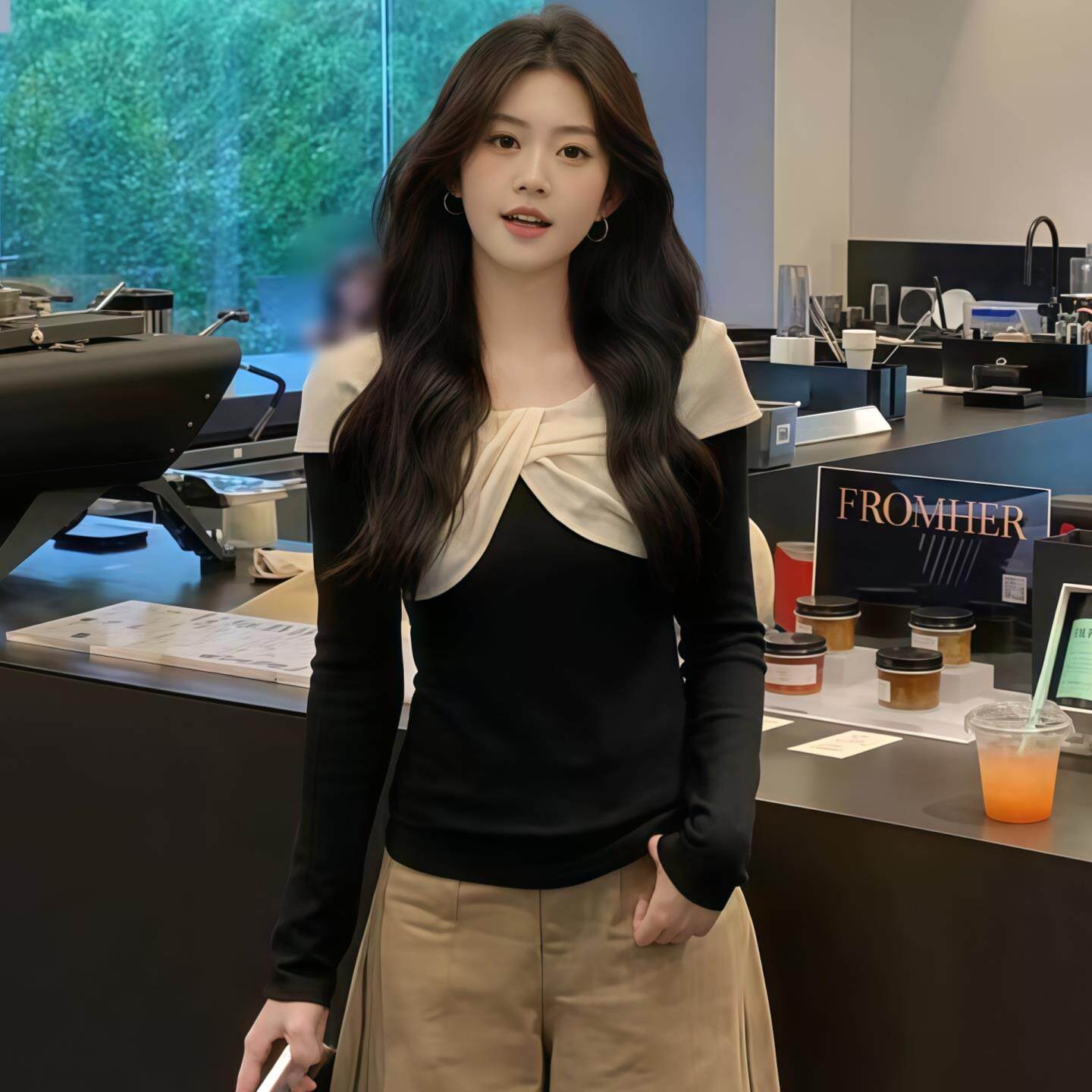 JOYIASS蝴蝶结一字领长袖T恤女秋季2025新款气质显瘦黑色打底衫洋