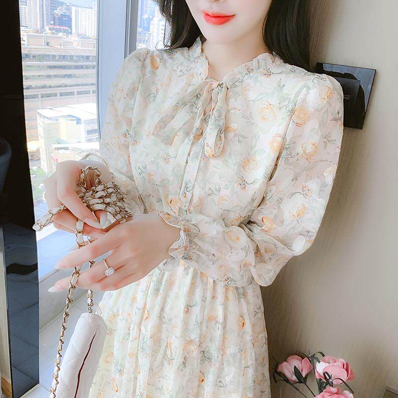 BLLOUKE碎花雪纺连衣裙子女装春秋2025年新款夏季气质长袖高端精