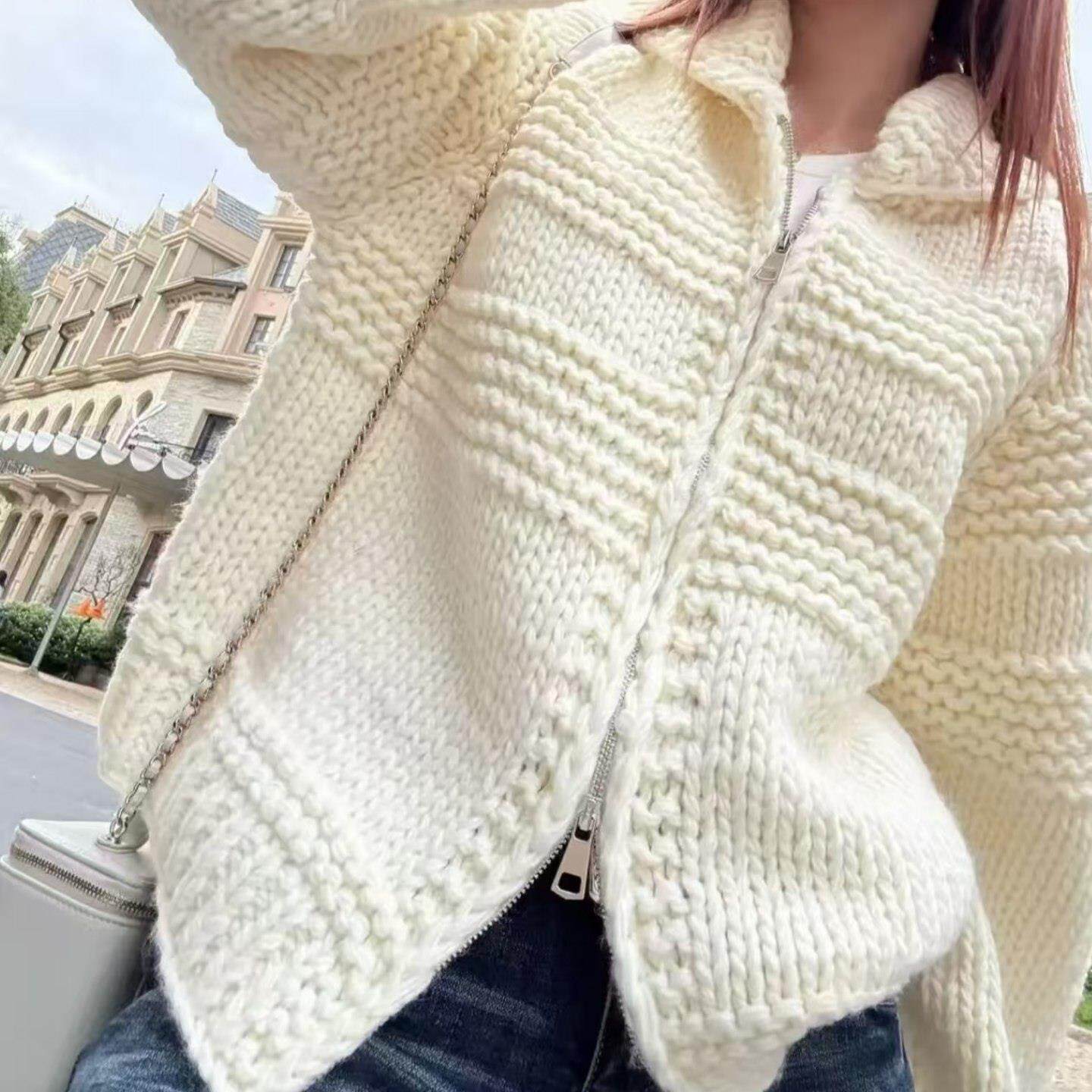 JOYIASS重磅粗针双拉链厚外套女2025新款深秋保暖宽松翻领长袖毛