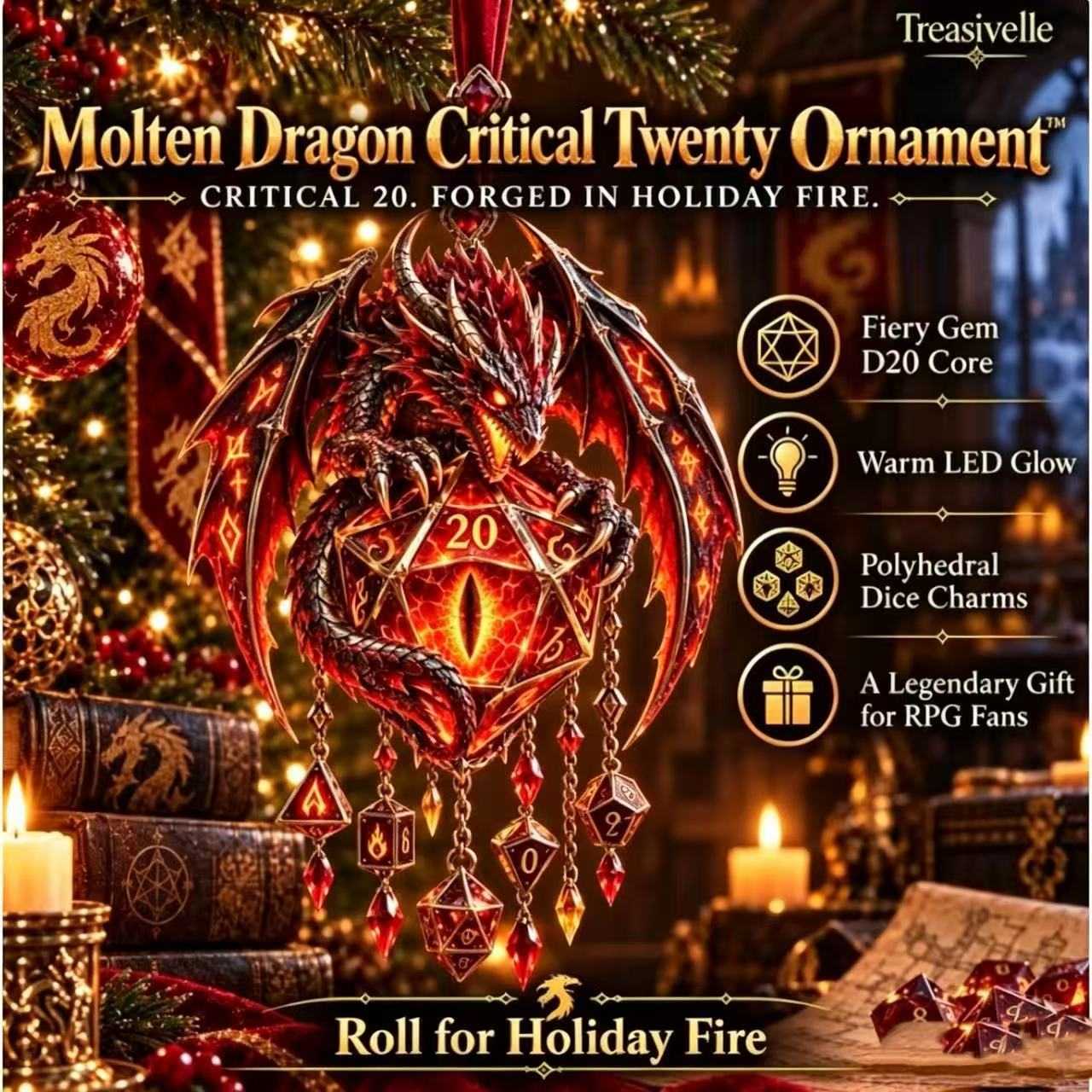 Dragon Critical Ornament奇幻龙D20骰子圣诞风铃挂件